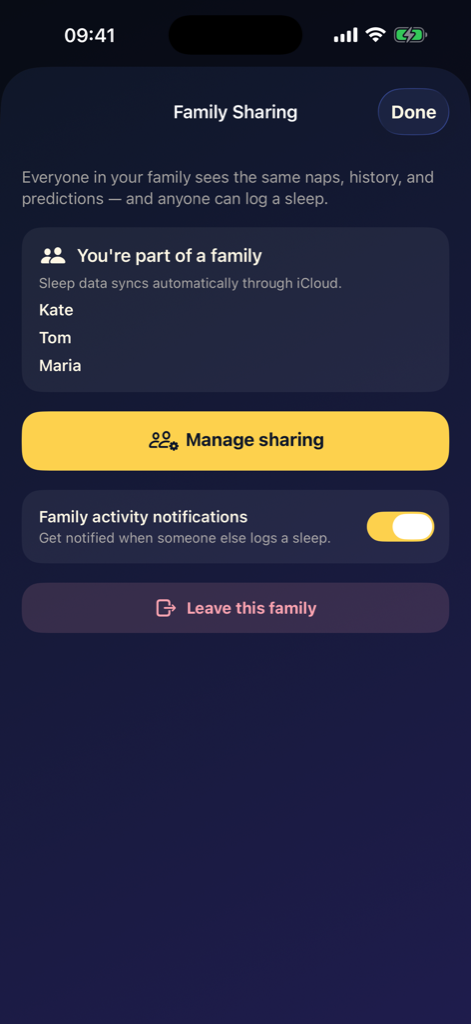 Little Nap family sharing screen with a shared live sleep log