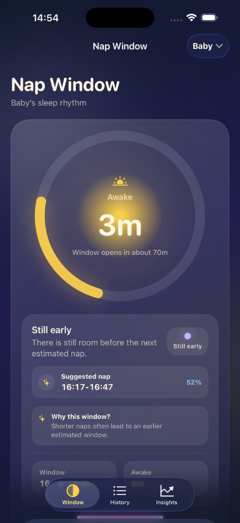 Little Nap Home screen showing the Nap Window dial, estimated next nap, and a still early insight.