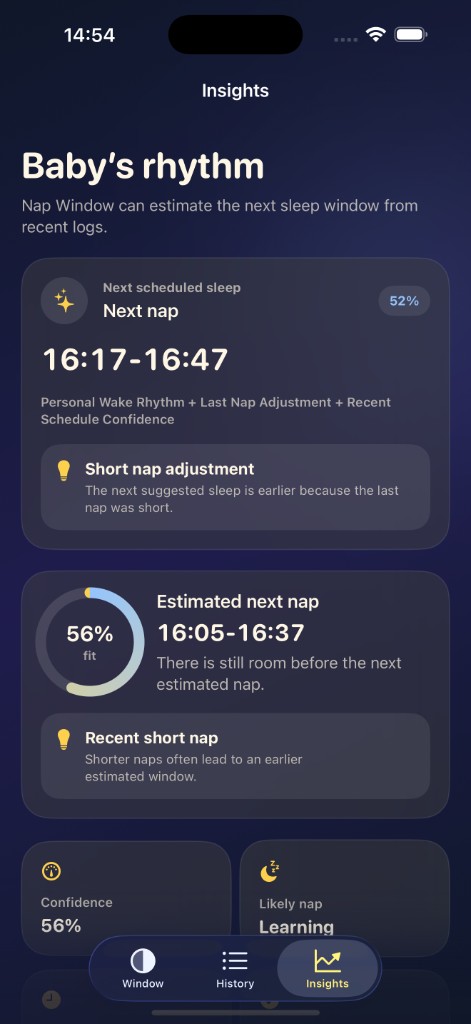 Little Nap Insights screen showing baby's rhythm, next nap timing, confidence, and short nap adjustment.